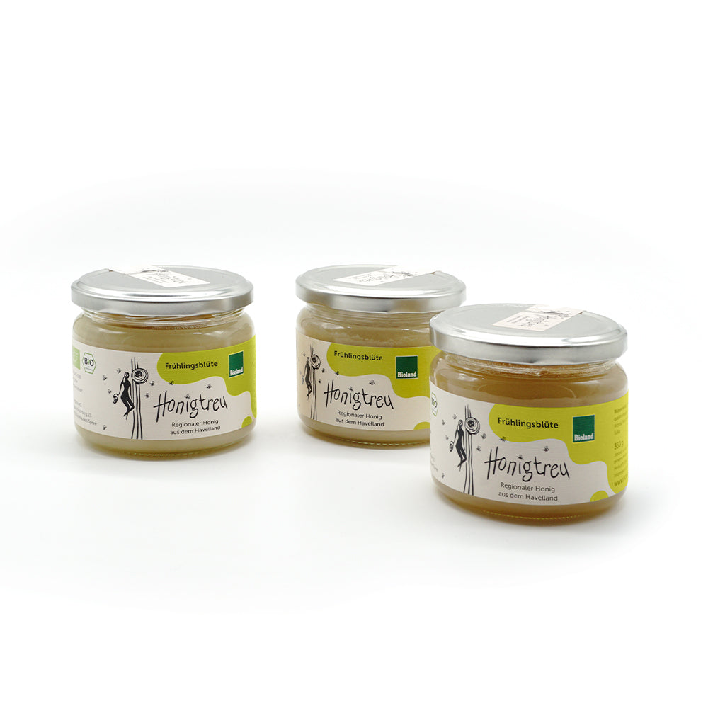 Honigtreu Honig-Abo mit 3 Gläsern regionalem Bio-Honig Frühlingsblüte