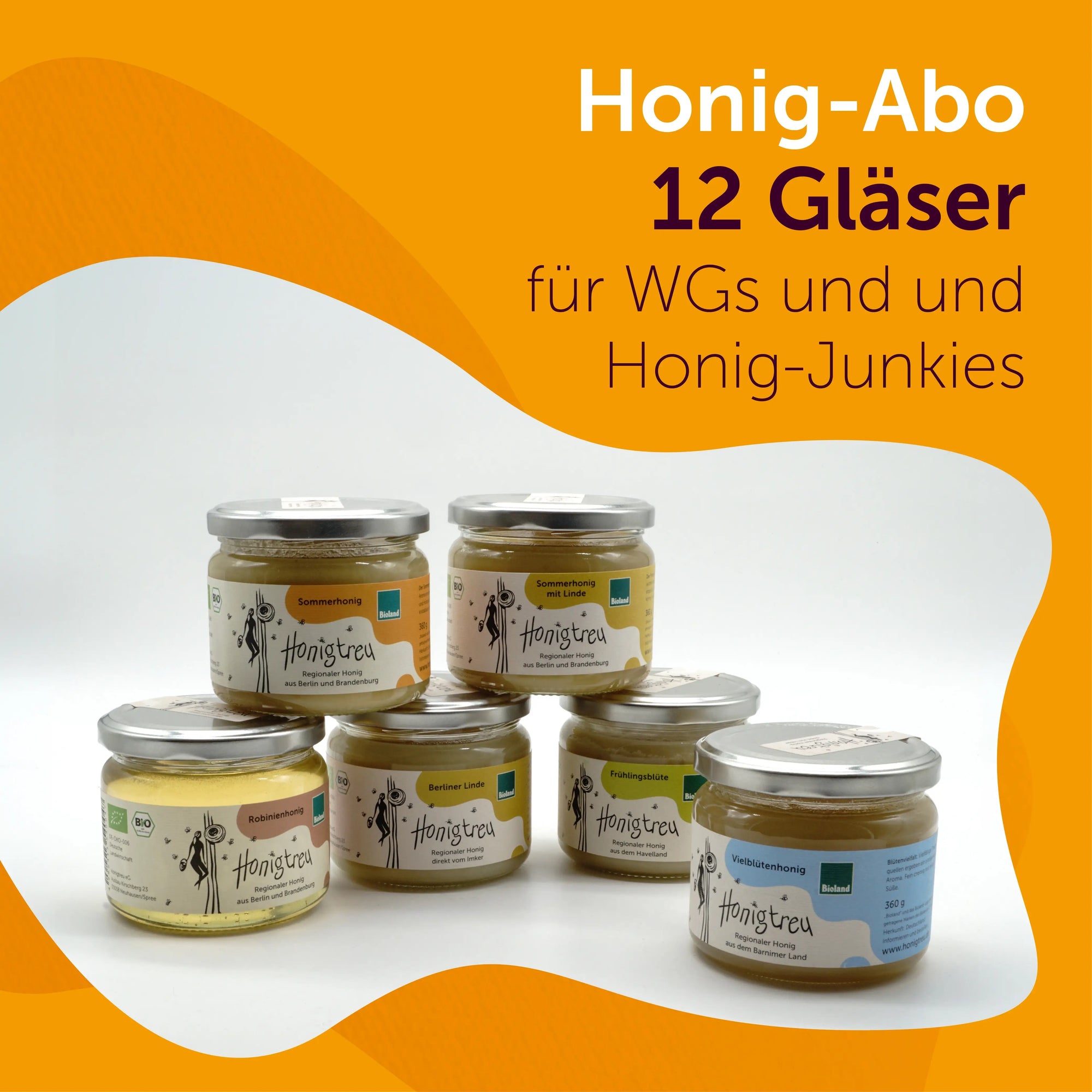 Honig-Abo mit 12 Gläsern regionalem Bio-Honig aus Berlin und Brandenburg