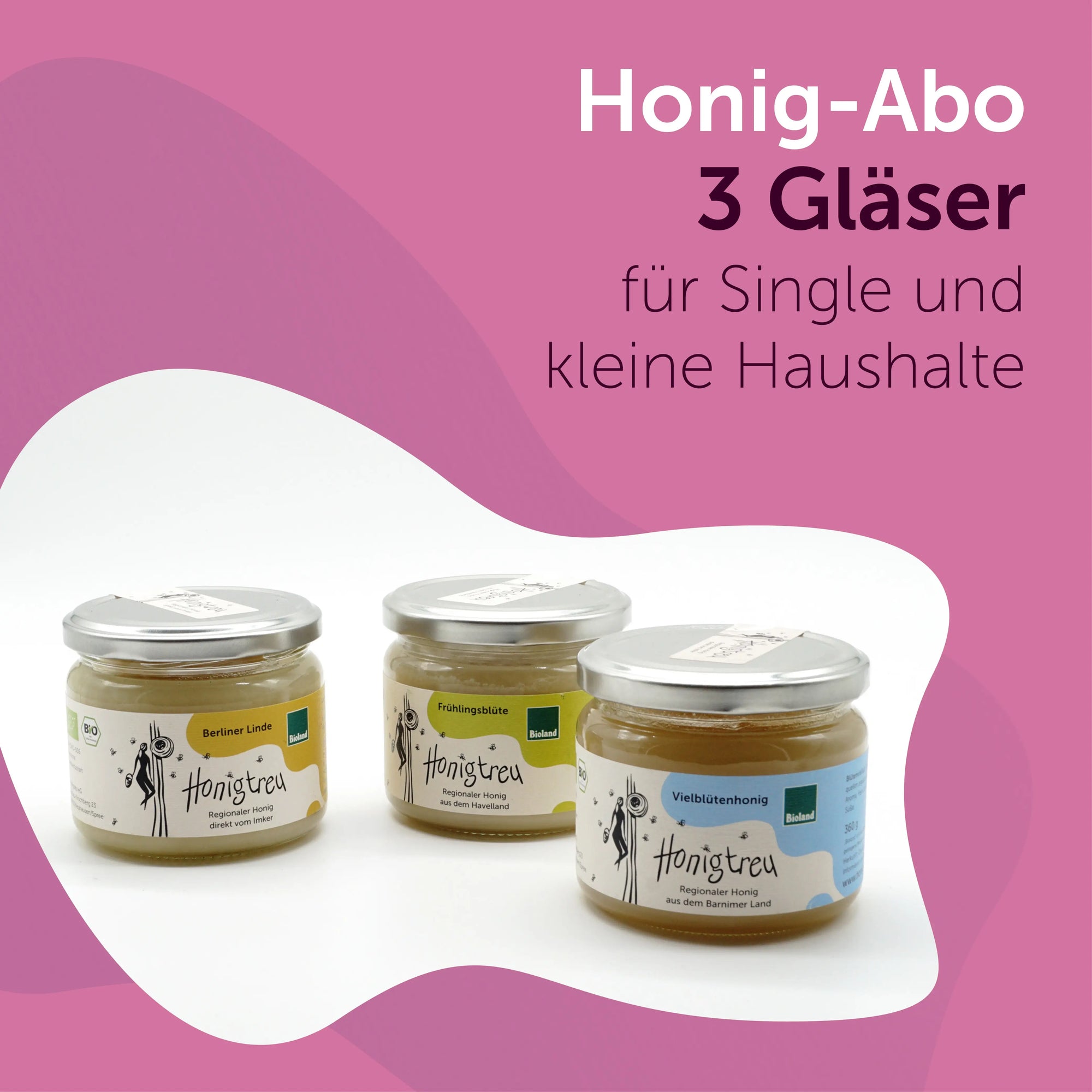 Honigtreu Honig-Abo mit 3 Gläsern regionalem Bio-Honig